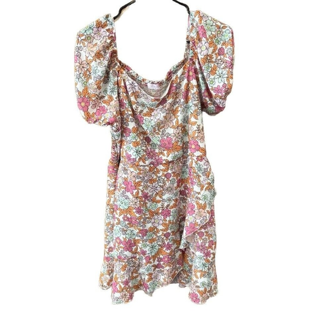 Pink Lily Women Floral Dress XL Square Neck Puff Shirt Sleeve Lined Faux Wrap